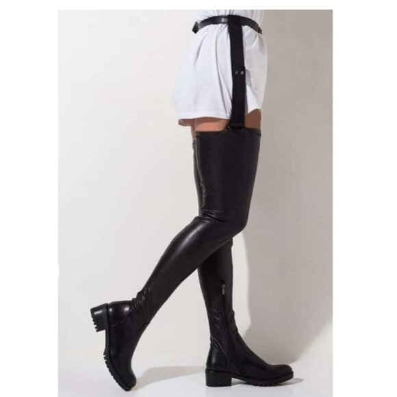 Thigh Belted Boots – Stretchy Flat Heel PU Material Plus Size Fashion Boots - Picture 6 of 6